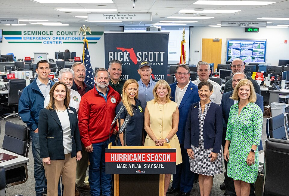 Powerful Winds — Senator Rick Scott, U.S. Rep. Cory Mills, U.S. Rep. Randy Fine, Rep. Doug Bankson, and Sheriff Dennis Lemma at the Seminole County Emergency Operations Center, 2025