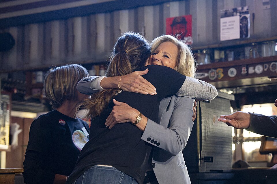 World Central Kitchen — First Lady Jill Biden hugs local chef Katie Button while volunteering with officials and members of World Central Kitchen at Ben’s Tune Up on October 25, 2024, in Asheville, North Carolina in response to Hurricane Helene