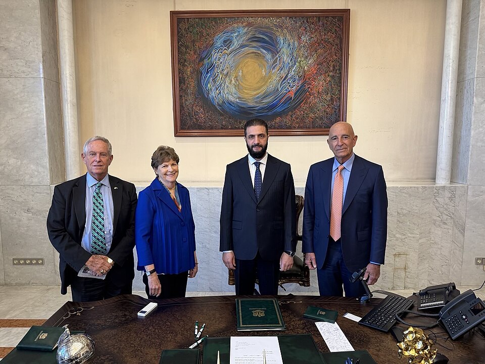 Jeanne Shaheen — U.S. Senator Jeanne Shaheen, U.S. Congressman Joe Wilson, U.S. envoy to Syria Tom Barrack, and Syrian President Ahmed al-Sharaa (2025)